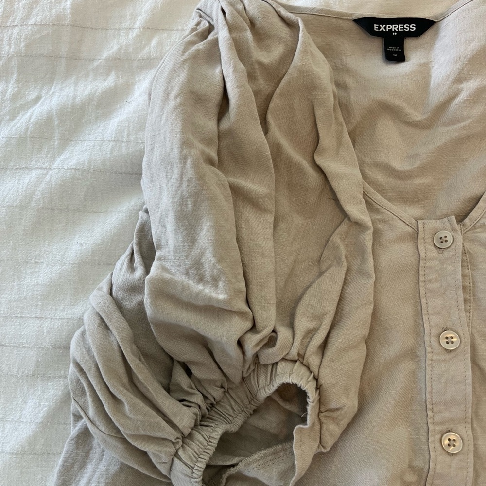 Express Linen Button-Down Puff Sleeve Blouse - image 2
